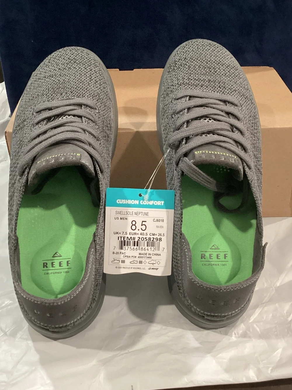 REEF Swellsole Neptune Men’s 8.5 Raven Gray Cushion Comfort Sneakers NWT